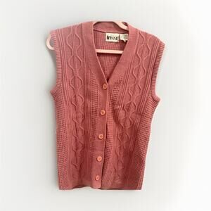 Vintage Trissi Button Front Cable Knit Sweater Vest Pink Women’s